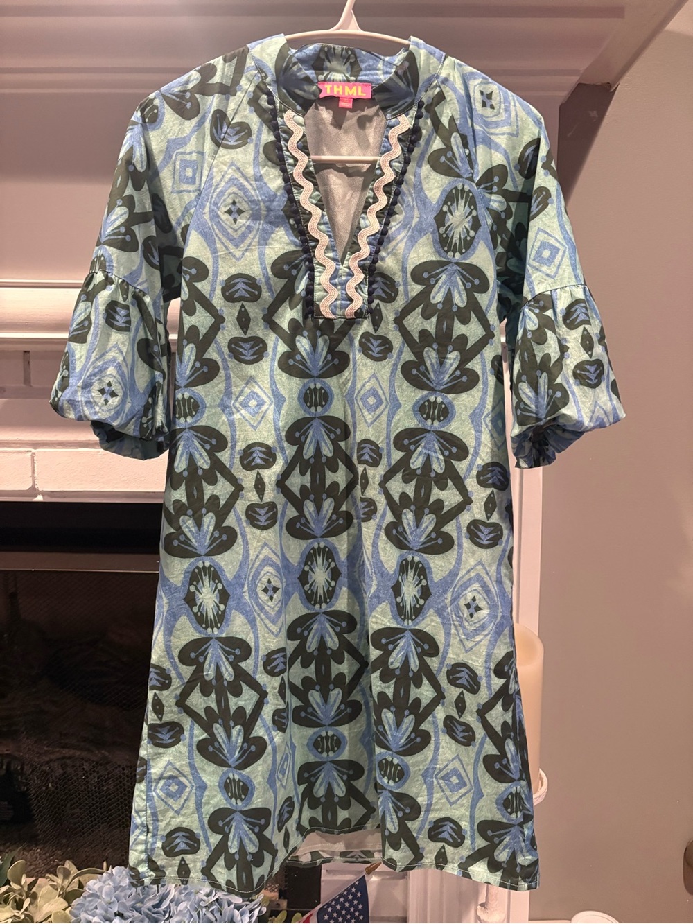THML Blue and Green Printed V-Neck Ruffle Tunic Dress